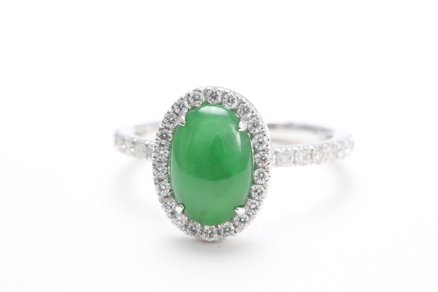 Oval Jadeite and Diamond Halo Ring