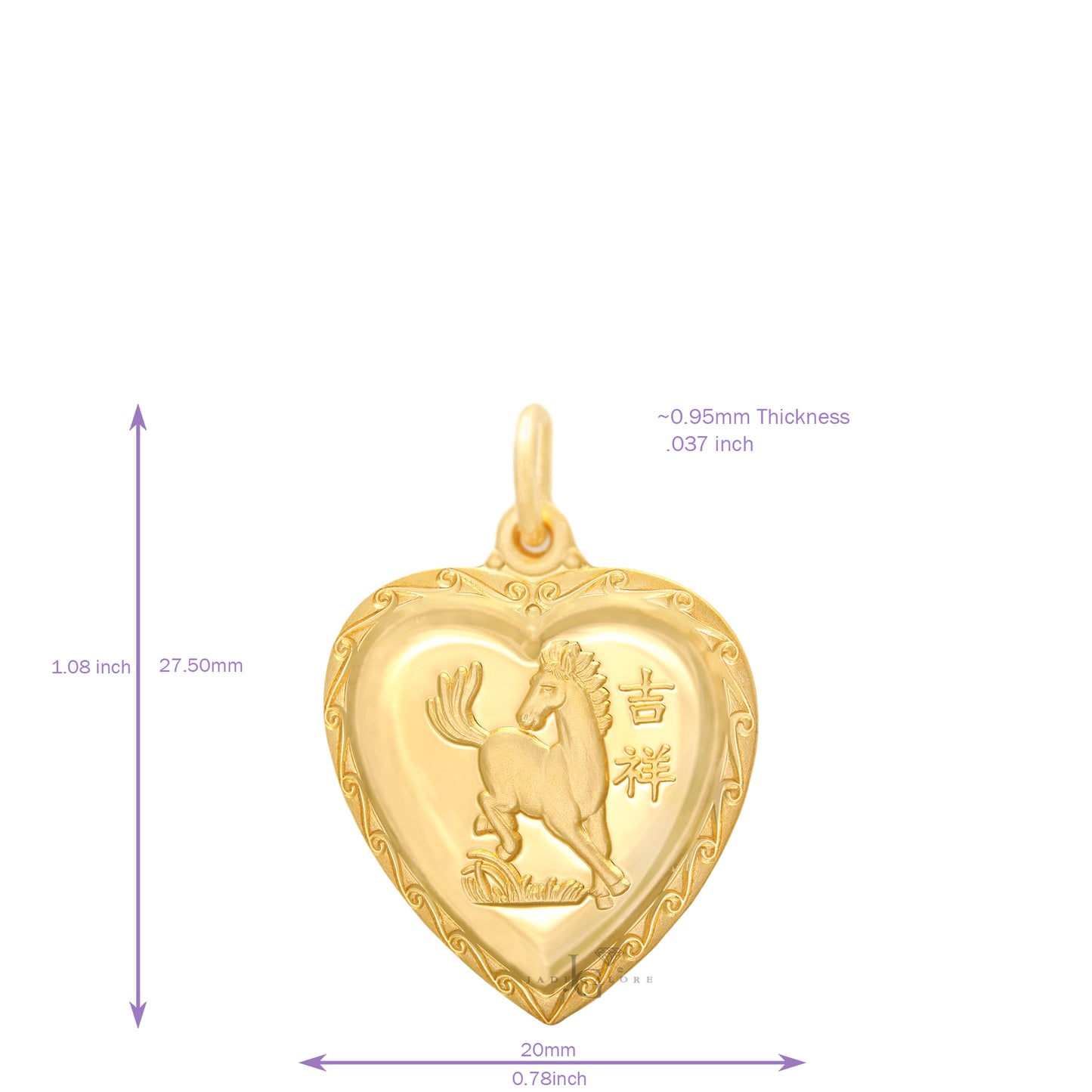 24K Small Heart Horse Pendant