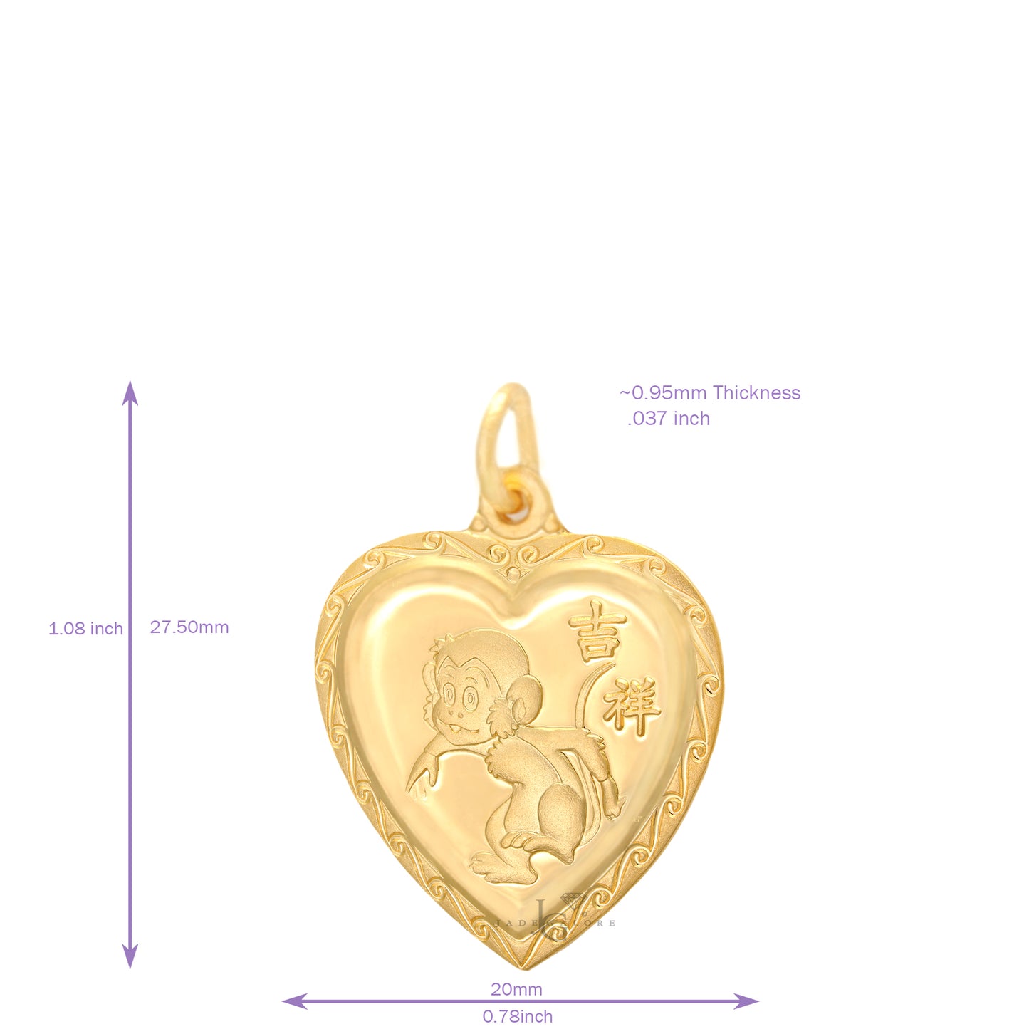 24K Small Heart Monkey Pendant
