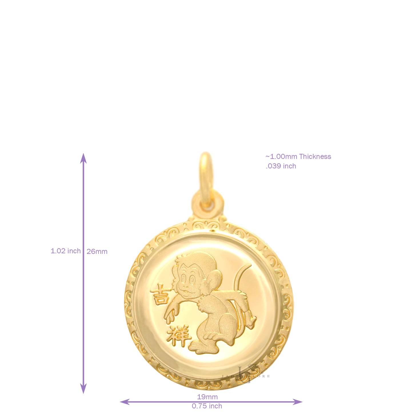 24K Small Round Monkey Pendant