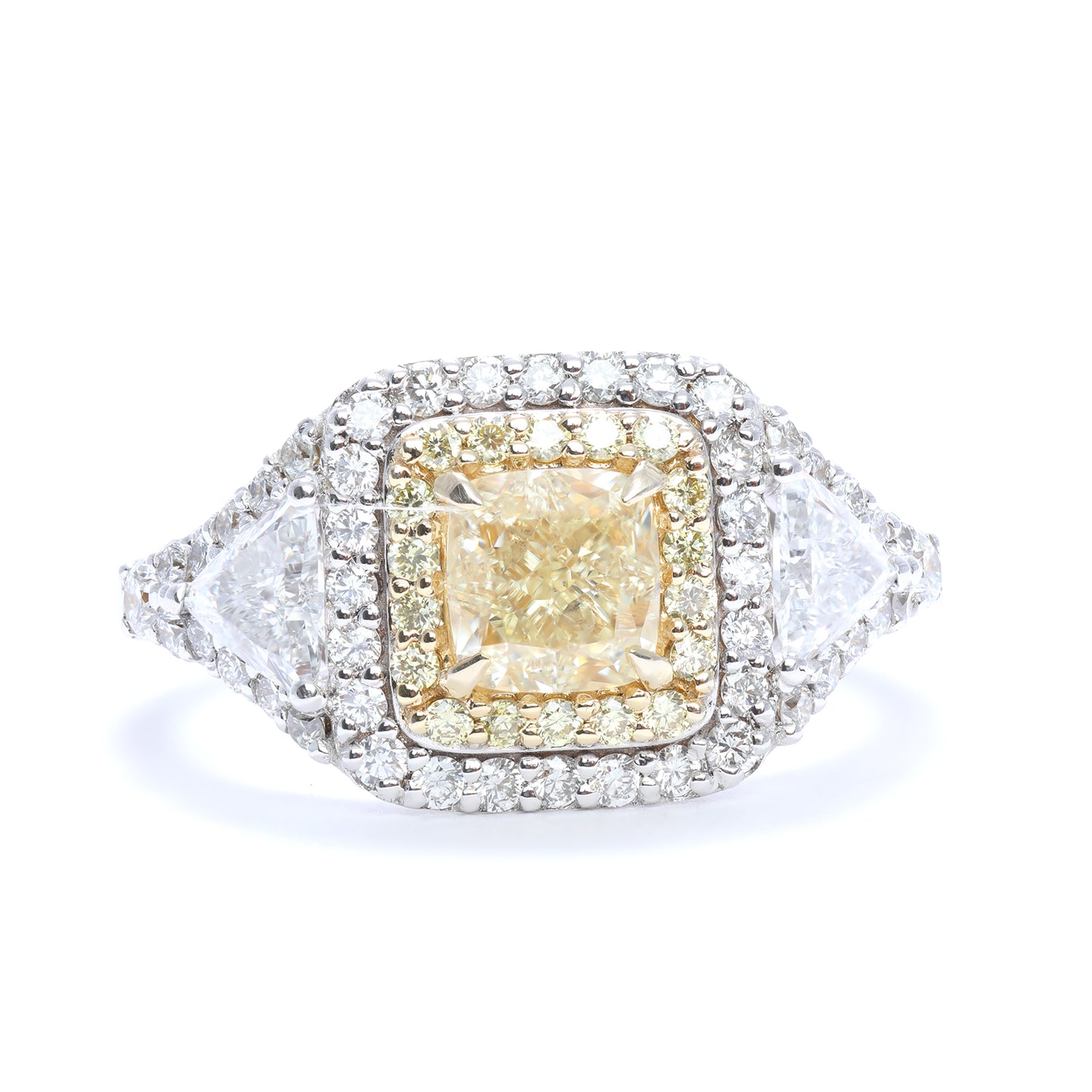 Cushion Cut Yellow and White Diamond Ring