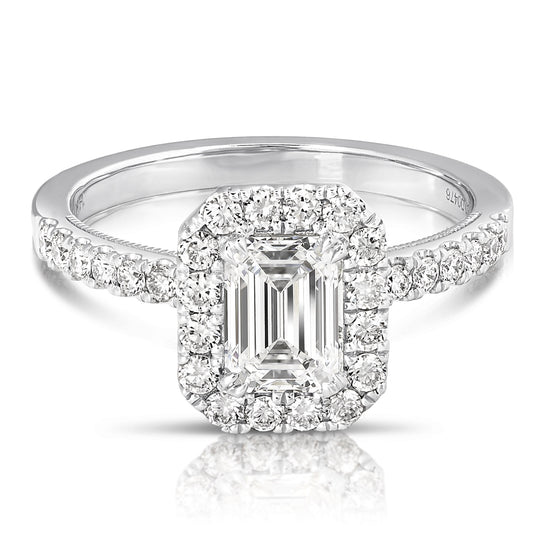 1 1/2 CT CENTER EMERALD CUT HALO LAB GROWN ENGAGEMENT RING