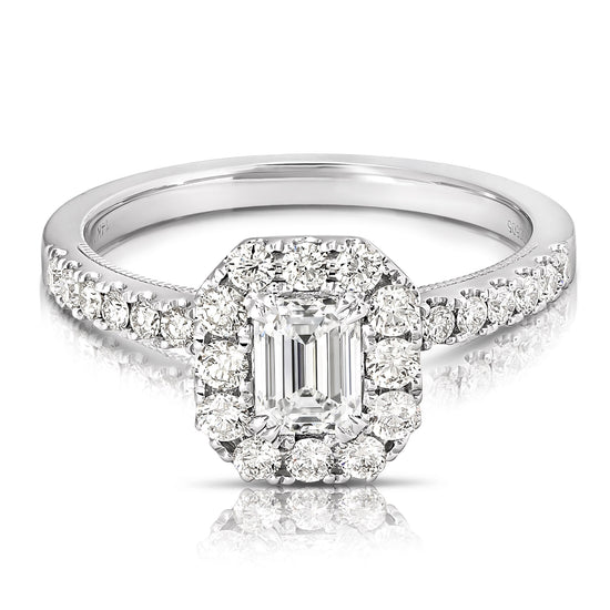 Load image into Gallery viewer, 1/2 CT CENTER EMERALD CUT HALO DIAMOND ENGAGEMENT RING
