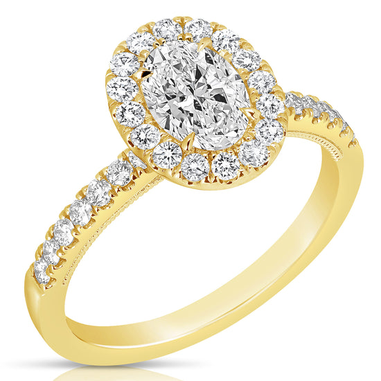 3/4 CT 中心橢圓形光環鑽石訂婚戒指
