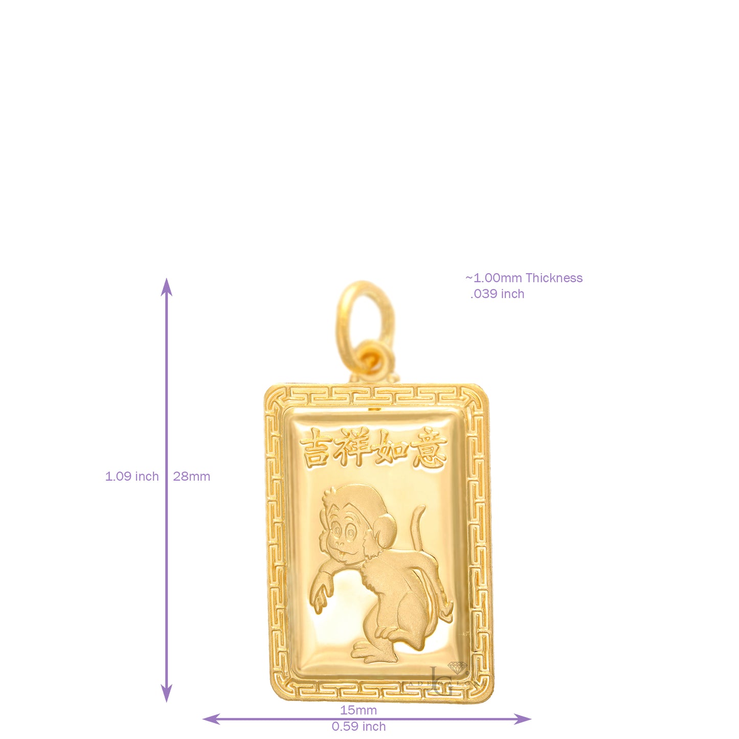 24K Small Rectangle Monkey Pendant