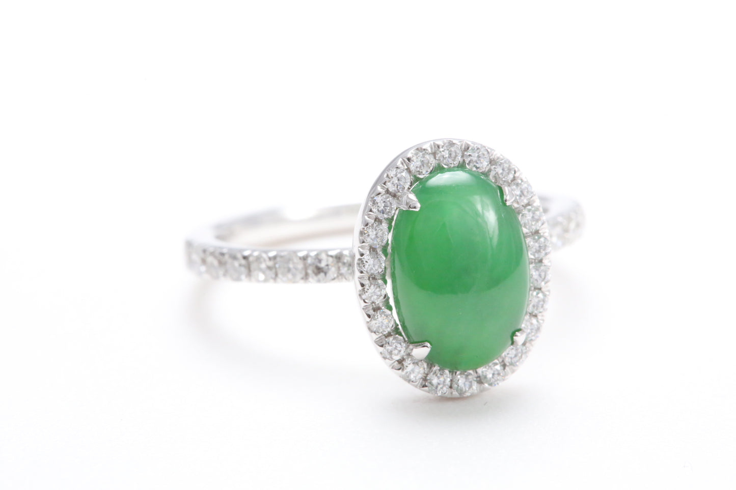 Oval Jadeite and Diamond Halo Ring