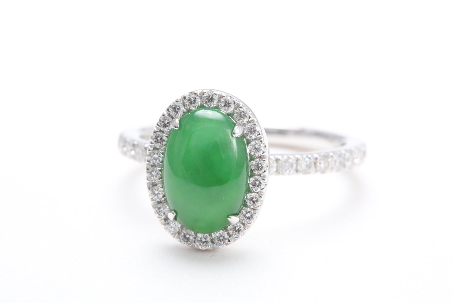 Oval Jadeite and Diamond Halo Ring