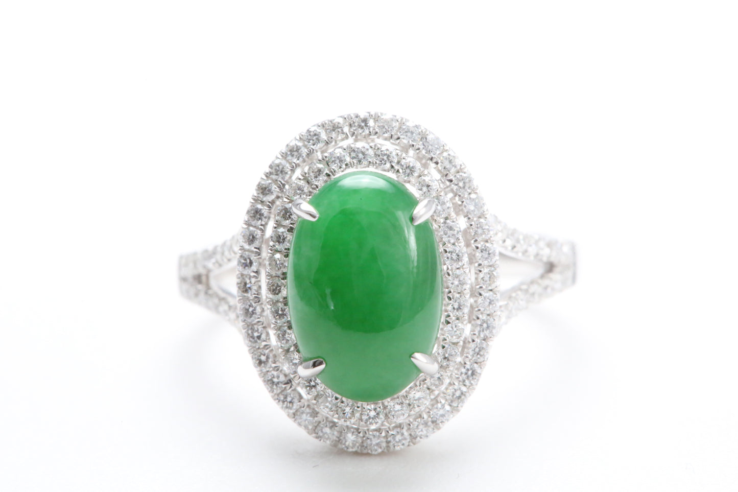 Jadeite and Double Diamond Halo Ring