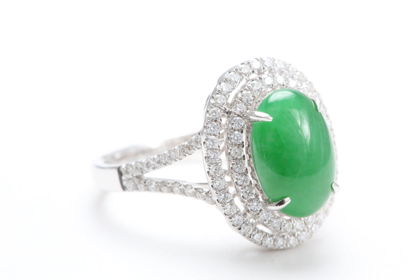 Jadeite and Double Diamond Halo Ring