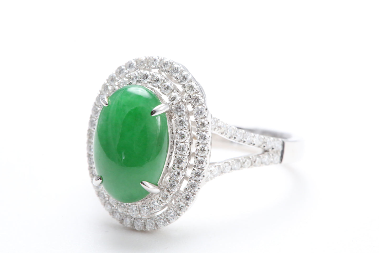 Jadeite and Double Diamond Halo Ring