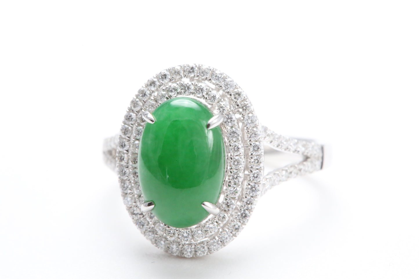 Jadeite and Double Diamond Halo Ring