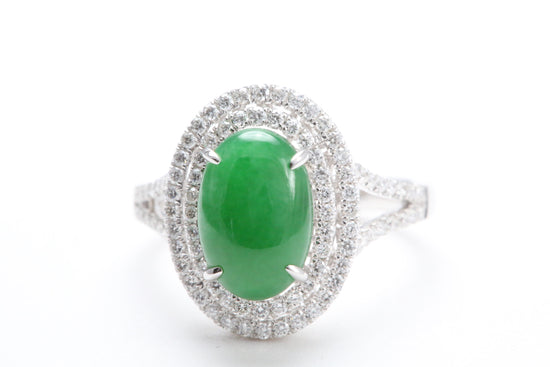 Jadeite and Double Diamond Halo Ring