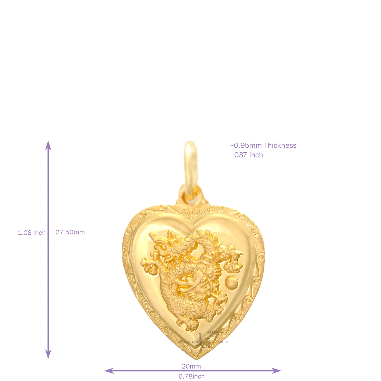 24K Small Heart Dragon Pendant