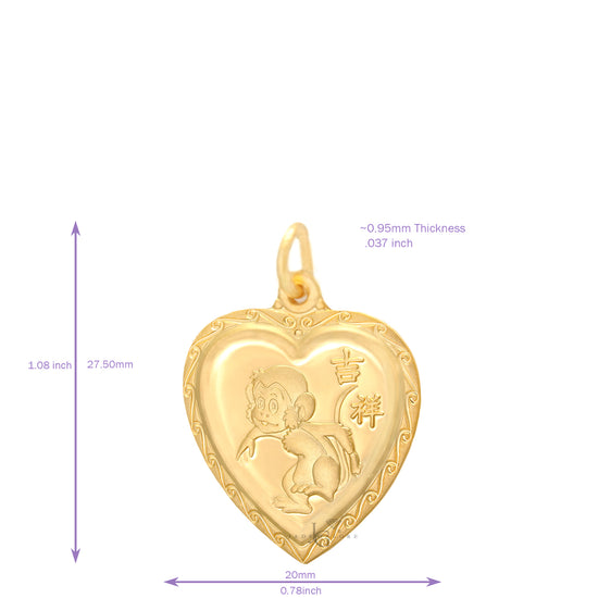 24K Small Heart Monkey Pendant