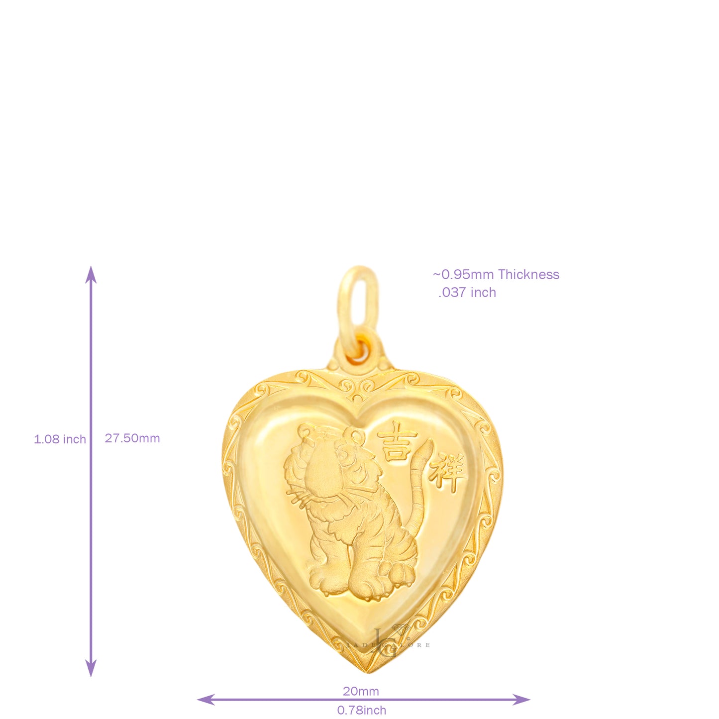 24K Small Heart Tiger Pendant