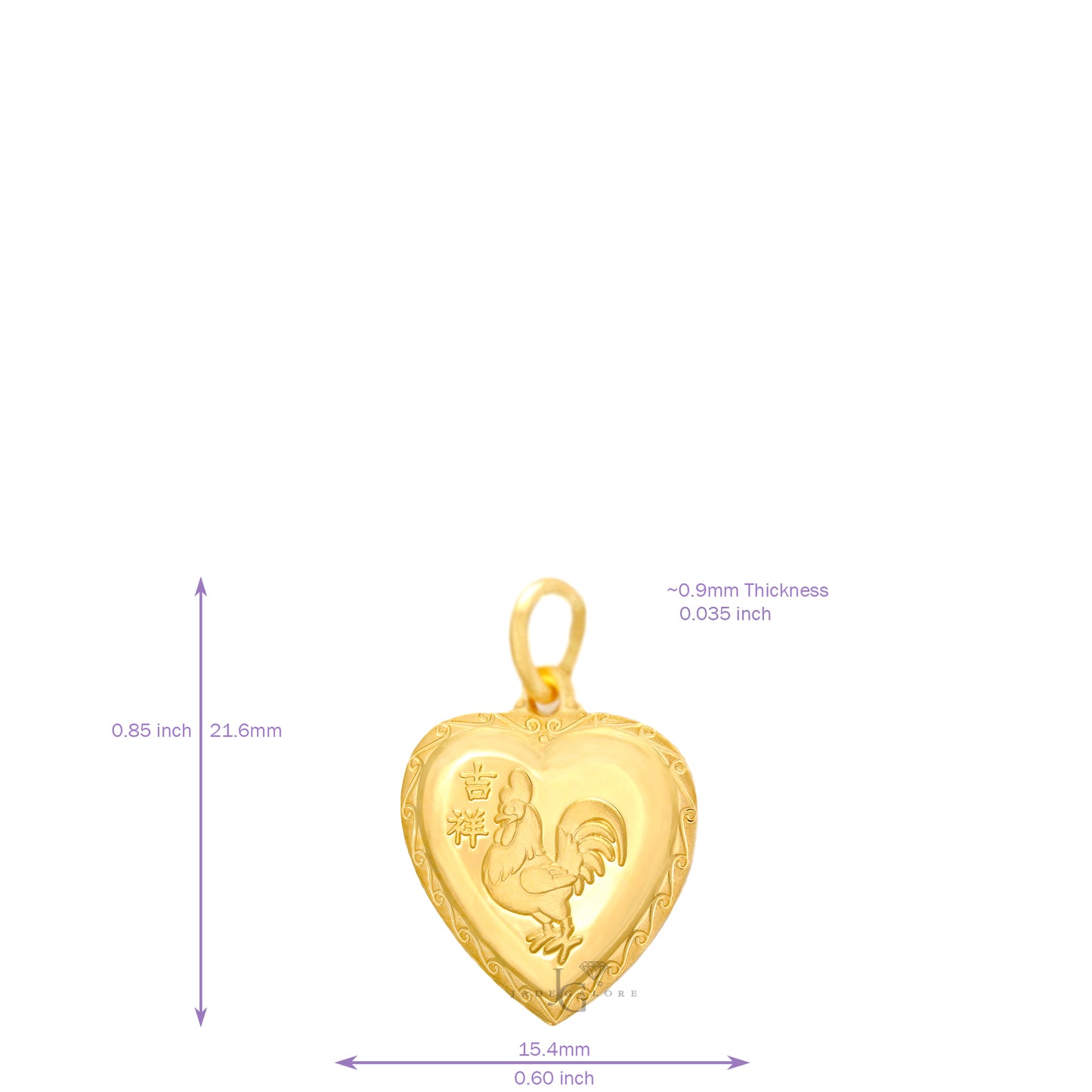 24K Mini Heart Rooster Pendant