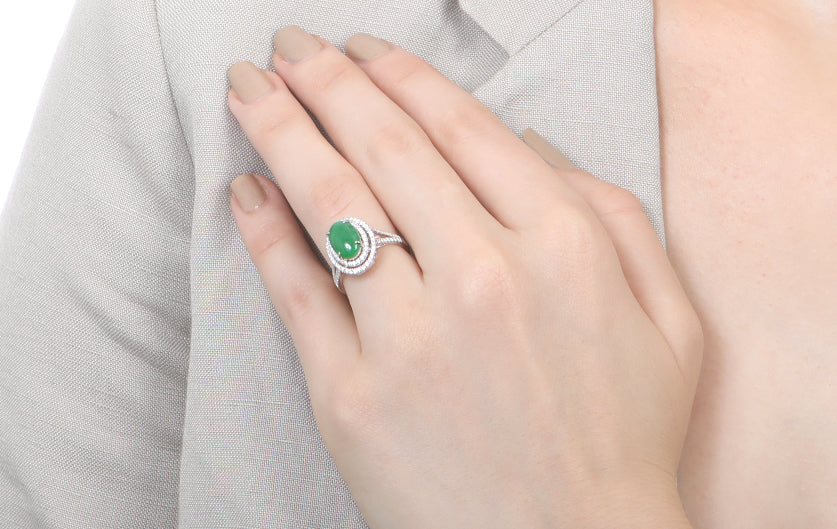 Jadeite and Double Diamond Halo Ring